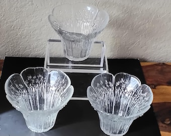 THREE Vintage HEINA Pertti Kallioinen Crystal Art Glass Bowl Candle Holders, Cow Parsley Pattern