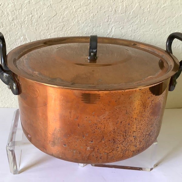 Vintage Baumalu, France, Copper Stock Pot & Lid 9" Dia~3.5 Qts Double Iron Handles