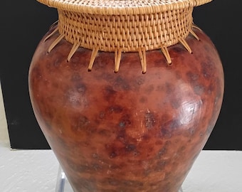 Vintage Indonesian Pottery 8.5" Vase Terracotta and Woven Rattan Wicker Rim~ VGC