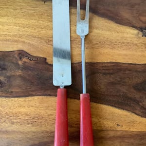 Vintage Royal Brand Stainless and Red Bakelite  Carving Fork and Spatula