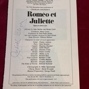 May include: A black and white program for a performance of Romeo and Juliet at the Metropolitan Opera. The program lists the cast, crew, and production details. The performance was made possible by a generous gift from the late Mrs. John D. Rockefeller, Jr.