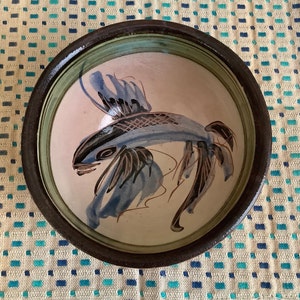 Vintage Glazed Terracotta Small Serving Bowl with KOI Fish.