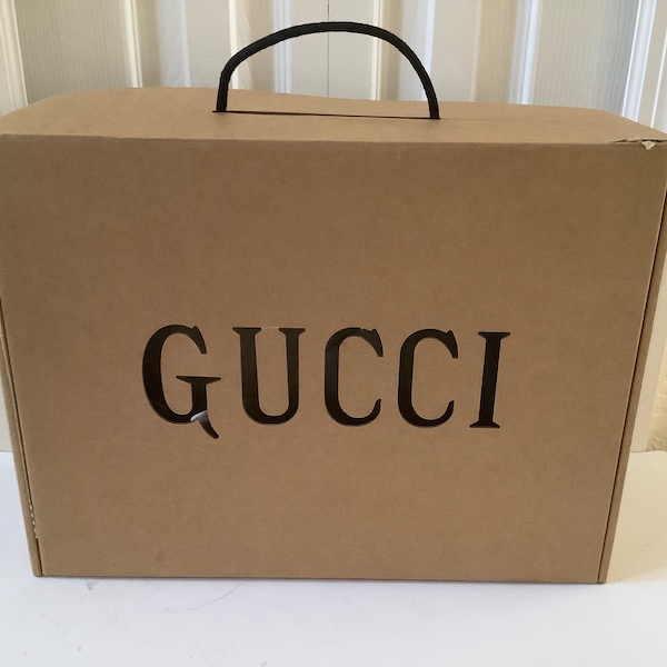 Authentic Gucci Tennis Shoe Box with Laser Cut LOGO~Brown with Straps~15x11.5x5