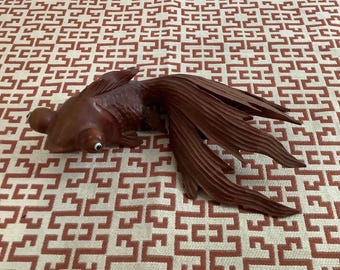 Rosewood Asian Carved Koi Fish Carp Fan Tail Glass Eyes Goldfish 6"