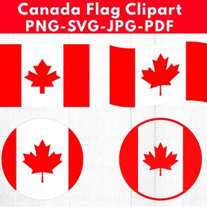 Puede incluir: Una colección de imágenes prediseñadas de la bandera de Canadá en varios formatos. Los diseños incluyen banderas rectangulares y circulares, todas con la icónica hoja de arce roja sobre un fondo blanco, con barras verticales rojas a cada lado. El texto "Canada Flag Clipart" está en la parte superior.