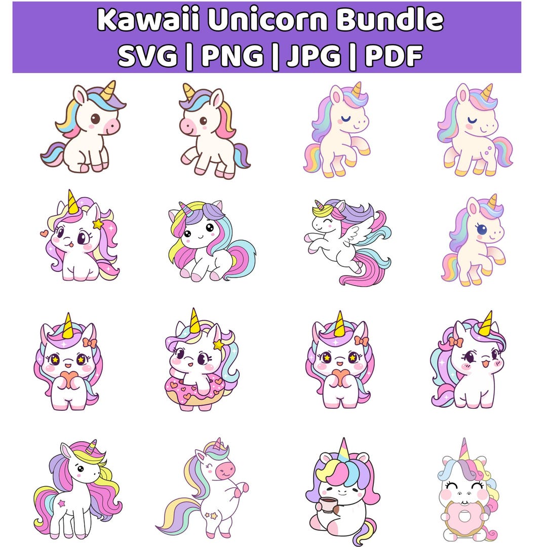Unicorn Kawaii SVG PNG Bundle, Pastel Baby Unicorn Sticker Clipart for ...