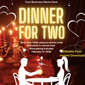 Könnte beinhalten: Flyer für ein romantisches Abendessen für zwei mit dem Text "DINNER FOR TWO" in leuchtender Schrift. Der Flyer zeigt eine romantische Tischdekoration, Silhouetten eines Paares und das Datum 14. Februar 2026.