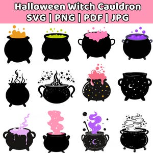 Puede incluir: Una colección digital de doce ilustraciones de calderos de bruja negros con varios líquidos burbujeantes en naranja, verde, rosa y morado, junto con vapor, estrellas y lunas. El texto dice Halloween Witch Cauldron SVG | PNG | PDF | JPG.
