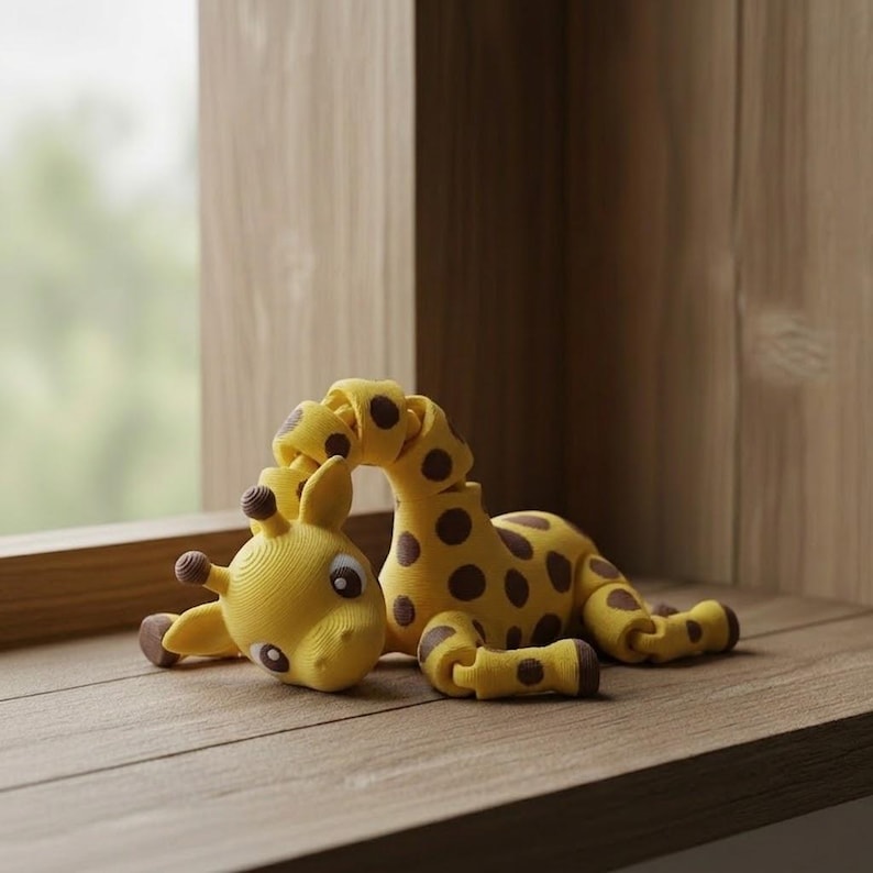 May include: A yellow giraffe toy with brown spots and accents, lying on a wooden surface. The giraffe has a long neck and is made of a soft material. The toy is designed for children.