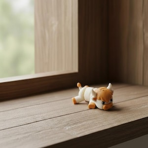 May include: A small, decorative figurine of a brown and white cow lying down. The cow has small horns and is positioned on a wooden surface, with a window and wooden frame in the background.