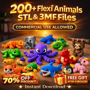 May include: A collection of colorful, flexible animal figurines, including an octopus, elephant, and shark, are displayed on a wooden surface. The image includes text that reads "200+ Flexi Animals STL & 3MF Files" and "Commercial Use Allowed."