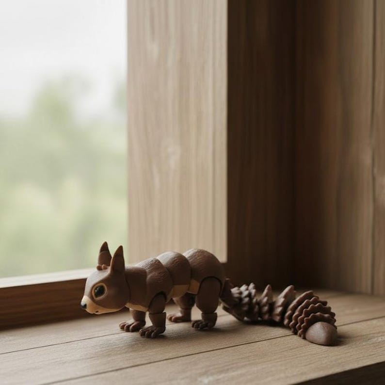 May include: A brown articulated squirrel figurine with a segmented body and a detailed tail. The toy is posed on a wooden surface near a window, showcasing its design and craftsmanship. The squirrel's ears are upright, and its paws are detailed.