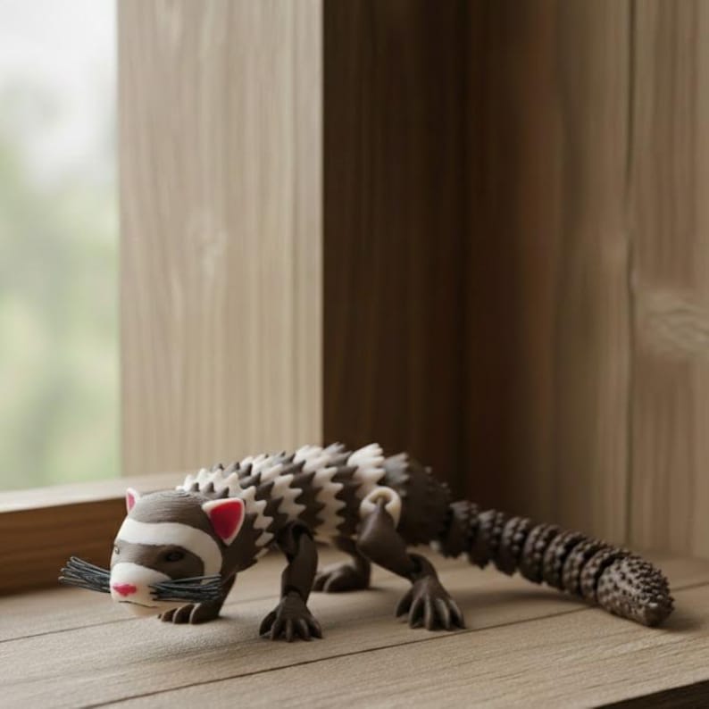 May include: A 3D-printed articulated ferret toy with a brown and white body, pink ears, and a pink nose. The ferret has black whiskers and is posed on a wooden surface near a window.