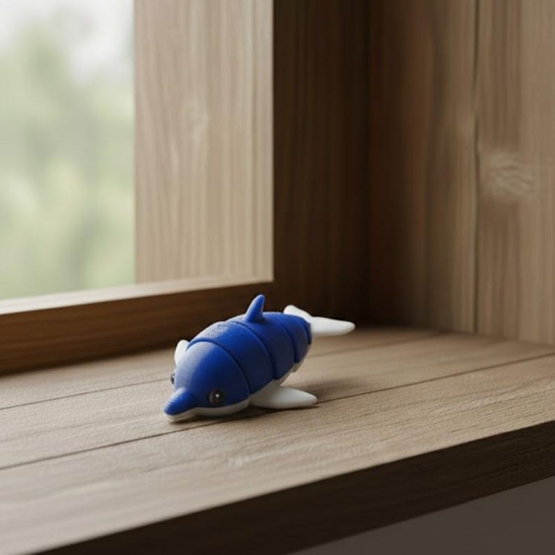 May include: A blue and white dolphin figurine with a segmented body, fins, and a pointed snout. The toy dolphin is resting on a wooden surface near a window, showcasing a playful design.