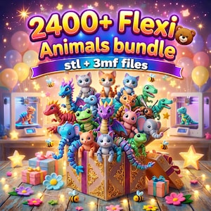 Peut inclure: Image colorée présentant une collection de jouets animaux flexi imprimés en 3D, dont des chats, des dragons et des dinosaures, sortant d'une boîte décorative. Le texte "2400+ Flexi Animals bundle" est affiché au-dessus des jouets, avec le texte supplémentaire "stl + 3mf files".