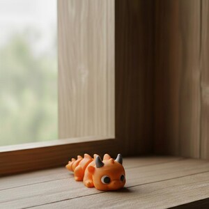 May include: An orange, segmented figurine of a cartoonish dragon with small black horns and eyes. The dragon is lying on a wooden surface near a window. The figurine is a whimsical decorative item.