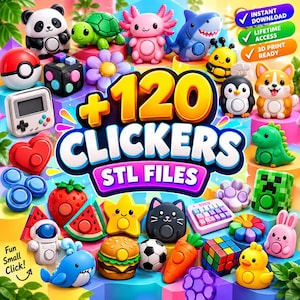 Op de afbeelding: Een collectie van 120 3D-printbare clicker-speelgoedontwerpen met diverse personages en vormen, waaronder een panda, schildpad, axolotl, haai, bij, pinguïn, corgi, aardbei, watermeloen, ster, kat, hamburger, voetbal, wortel en een eendje.