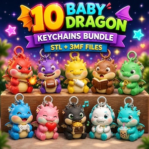 Peut inclure: Dix porte-clés bébé dragon de différentes couleurs, chacun avec des accessoires uniques. Ils sont présentés sur une surface en bois, avec le texte "10 BABY DRAGON KEYCHAINS BUNDLE" au-dessus. Les porte-clés sont en plastique.