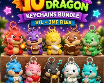 10 Cute Dragon Keychain STL Files Bundle | 3D Printable Dragon Keyrings | Kawaii Fantasy Dragon Charms | Instant Digital Download
