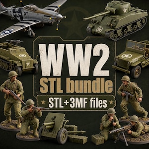 May include: A digital collection of 3D printable models featuring a silver P-51 Mustang aircraft, an olive drab tank, a half-track, a jeep, an artillery piece, and several soldiers in combat gear, with the text WW2 STL bundle and STL+3MF files.
