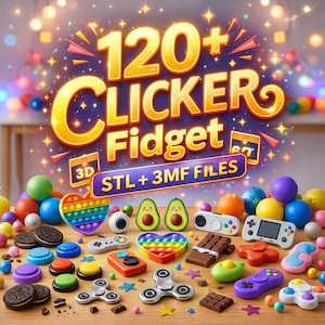 Peut inclure: Une collection colorée de jouets fidget à cliquer, comprenant des pop-its, des spinners et des manettes de jeu. L'image affiche le texte "120+ Clicker Fidget" et "STL + 3MF FILES". Diverses formes et couleurs sont présentées, notamment des avocats, des cœurs et des barres chocolatées.