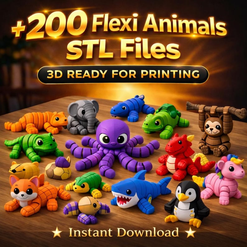 May include: A collection of colorful, 3D-printed flexi animal models, including an octopus, elephant, shark, and penguin. The image features the text "+200 Flexi Animals STL Files" and "3D Ready for Printing."