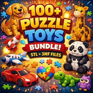 Peut inclure: Image colorée présentant un ensemble de jouets puzzles. L'image comprend divers puzzles d'animaux et de véhicules, dont un chien, une girafe, un panda, une fusée, un avion et une voiture. Le texte "100+ PUZZLE TOYS BUNDLE!" est bien visible.