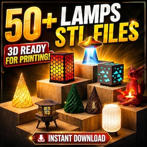 Peut inclure: Publicité pour plus de 50 fichiers STL de lampes, prêts pour l'impression 3D. L'image présente divers modèles de lampes, notamment des formes géométriques, une pagode et un dragon. Les lampes sont éclairées, avec le texte "Téléchargement instantané" en bas.