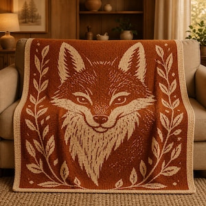 Könnte beinhalten: Eine gestrickte Decke mit einem Fuchsmotiv. Die Decke ist hauptsächlich rostfarben mit einem cremefarbenen Fuchskopf und einem cremefarbenen Rand. Der Fuchs ist von einem cremefarbenen Blattmuster umgeben. Die Decke ist über ein beiges Sofa drapiert.