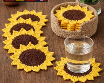 Schema all'uncinetto per sottobicchiere a forma di girasole / Portafiori in formato PDF da scaricare