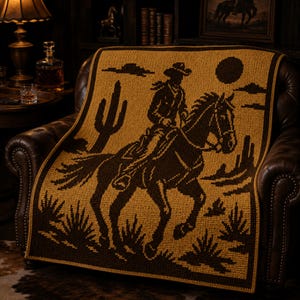 Puede incluir: Una manta tejida marrón y beige con un vaquero montado a caballo en un paisaje desértico. La manta está sobre un sillón de cuero marrón. El diseño incluye un cactus, el sol y nubes.