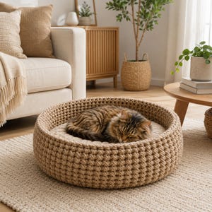 Op de afbeelding: Een ronde, beige kattenmand van geweven materiaal, met een slapende kat erin. De kat heeft bruin en zwart haar. De mand staat op een beige tapijt.