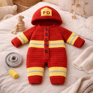 Feuerwehrmann Baby Strampler Häkelanleitung PDF Neugeborene Feuerwehrmann Outfit Kostüm DIY Baby Geschenk Strampelanzug 0-12 Meter Häkelanleitung