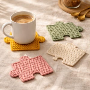 May include: A white mug filled with coffee sits on a yellow crocheted puzzle piece coaster. Additional puzzle piece coasters in green, cream, and pink are arranged nearby. The coasters are made of a textured yarn.
