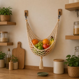 May include: A macrame fruit hammock filled with oranges, apples, grapes, and bananas. The beige hammock hangs from two wooden hooks on a light-colored wall. A wooden cutting board and other kitchen items are visible in the background.