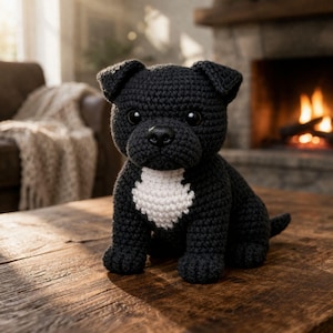 Puede incluir: Un perro negro de ganchillo hecho a mano con una marca blanca en el pecho está sentado sobre una mesa de madera. El perro amigurumi tiene ojos grandes y redondos y una cola pequeña. El fondo incluye una chimenea con fuego cálido y un ambiente acogedor.