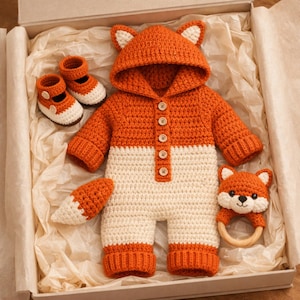 Op de afbeelding: Een gehaakte baby-outfitset in een geschenkdoos. De set bevat een oranje en witte vos-thema jumpsuit met capuchon, bijpassende schoentjes, een staart en een houten bijtring. De jumpsuit heeft knoopsluitingen.