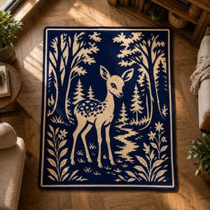 May include: A rectangular navy blue rug with a beige deer and forest design. The deer has a spotted pattern on its back. The rug features trees, flowers, and a stream, creating a nature-themed aesthetic.