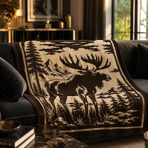 Puede incluir: Una manta rectangular con un diseño tejido en marrón oscuro y crema que muestra un alce grande en un paisaje forestal con montañas al fondo. La escena está enmarcada por un borde decorativo e incluye pinos altos.