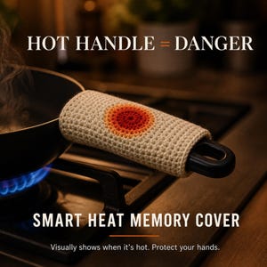 Könnte beinhalten: Ein beigefarbener gehäkelter Griffschutz mit roter und orangefarbener Hitzeanzeige, platziert auf einem schwarzen Pfannengriff über einem brennenden Gasbrenner. Der Text lautet "HOT HANDLE = DANGER" und "SMART HEAT MEMORY COVER".
