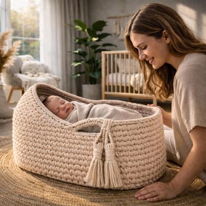May include: A beige, hand-knitted baby bassinet with a sleeping infant inside. The bassinet has a woven texture, a rounded shape, and decorative tassels. A woman is looking at the baby. The bassinet is on a round, woven rug.
