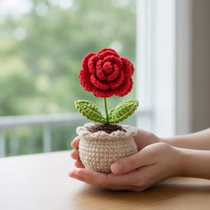 Puede incluir: Una flor de ganchillo hecha a mano en una maceta pequeña. La rosa roja tiene hojas verdes y un centro marrón, todo en una maceta beige. La maceta se sostiene con dos manos. El fondo es una vista borrosa de una ventana.