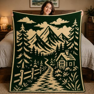 Berghütte Mosaik Häkeldecke Muster PDF, Natur Landschaft Overlay Häkeldecke, Cabin Decor Afghan Muster, DIY Häkelgeschenk