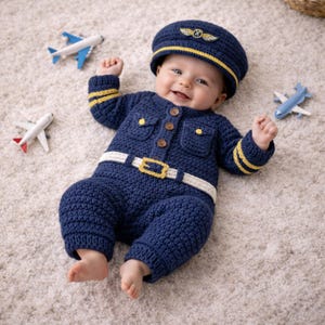 May include: A smiling baby wearing a navy blue crocheted pilot outfit, including a cap with a gold emblem and a jumpsuit with a white belt. Yellow stripes accent the sleeves. Toy airplanes are scattered around the baby.