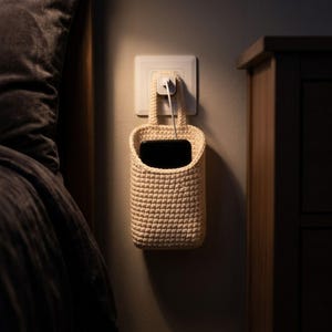 Könnte beinhalten: Ein beigefarbener, gehäkelter Handyhalter mit Henkel, der an einer Steckdose befestigt ist. Ein schwarzes Smartphone befindet sich im Halter, mit einem Ladekabel, das zur Steckdose führt. Der Halter ist an einer hellen Wand angebracht.