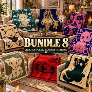 May include: A collection of eight crochet mosaic blankets featuring various designs including a teddy bear on a swing, a girl with a bear, cat faces, a teddy bear with a heart, an elephant, a race car, and a cat, with the text BUNDLE 8 CROCHET MOSAIC BLANKET PATTERNS.