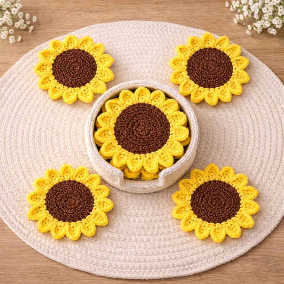 Sunflower Coaster Crochet Pattern PDF With Holder – Easy Beginner - Etsy