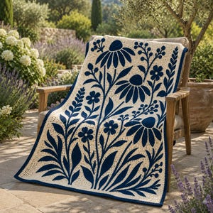 Può includere: Una coperta rettangolare all'uncinetto con base color crema e un audace motivo floreale blu navy scuro. Il design presenta grandi fiori stilizzati, foglie e steli disposti in una composizione botanica verticale con un bordo blu navy solido.