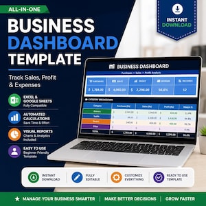 Può includere: Un laptop mostra un modello di dashboard aziendale con dati finanziari, tra cui vendite, profitti e spese. Lo schermo mostra grafici e analisi, con il testo "Business Dashboard Template" e "Instant Download". Il modello è compatibile con Excel e Google Sheets.
