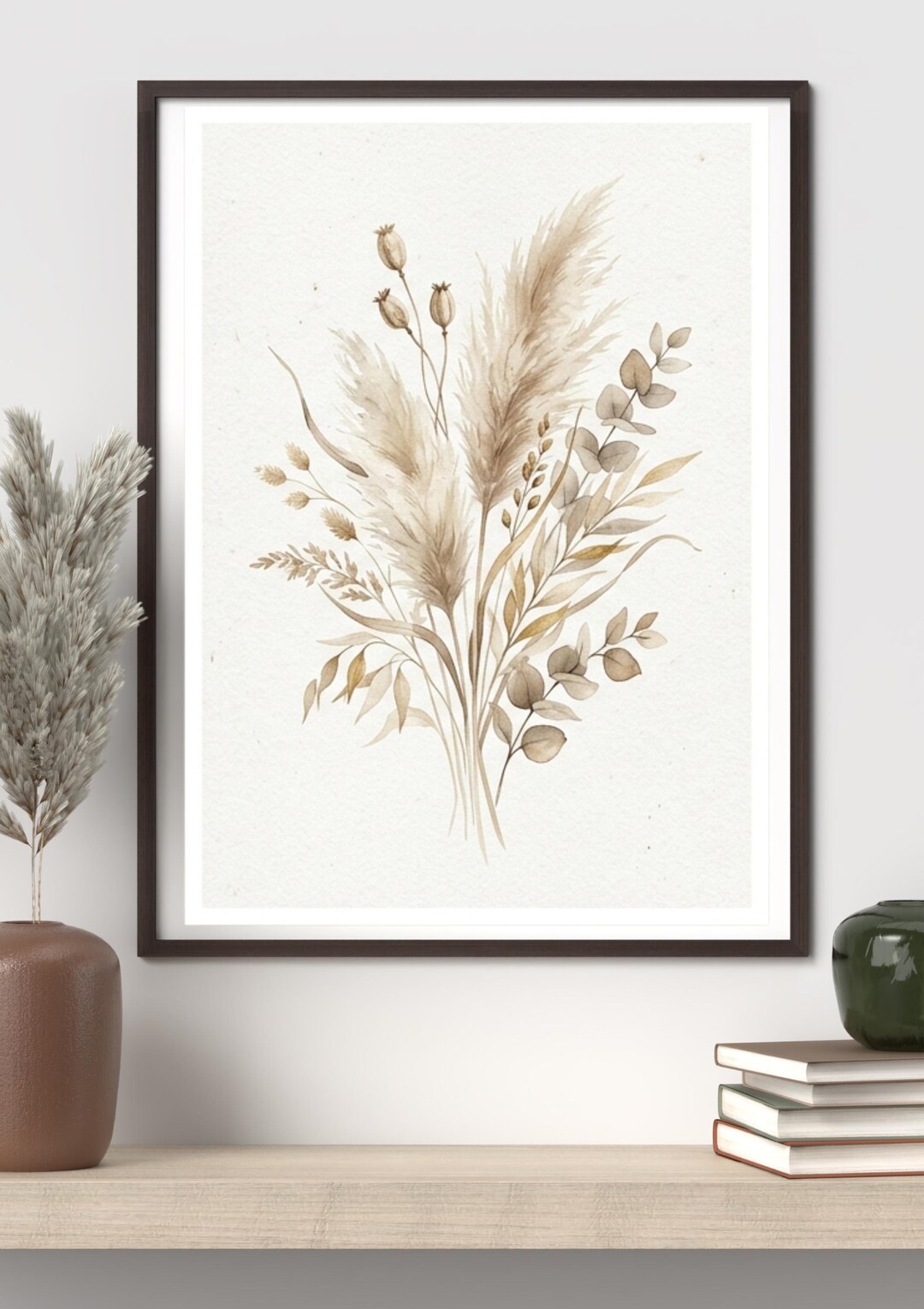 Neutral Boho Botanical Wall Art Print, Beige Pampas Grass Decor ...